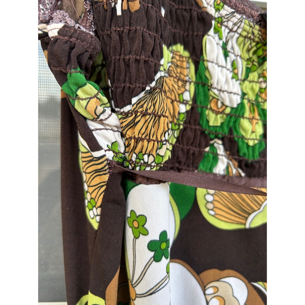 Y2k Brown Green Floral Psychedelic Smocked Babydoll Square Neck Top Retro Boho - Picture 6 of 10